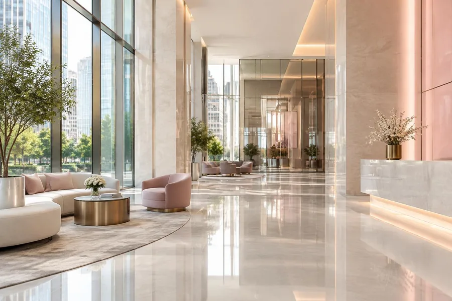 Clean modern office lobby with polished floors